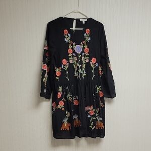 Neiman Marcus Black Dress with Floral Embroidery, Womens Medium, goth boho